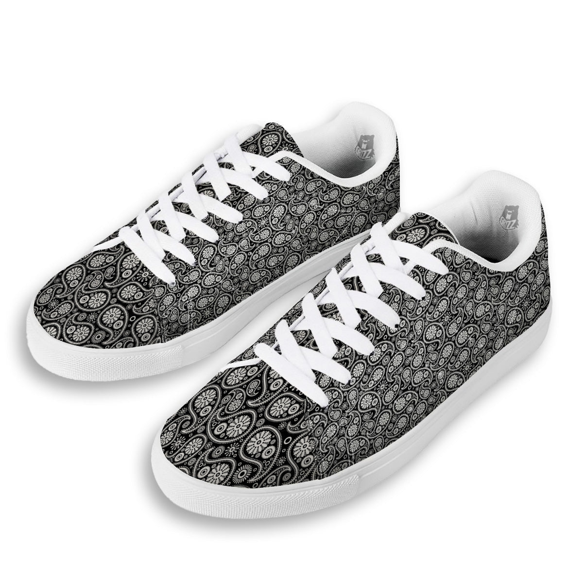 Paisley Ornament Black White And Flora Print Pattern White Low Top Sneakers-grizzshop