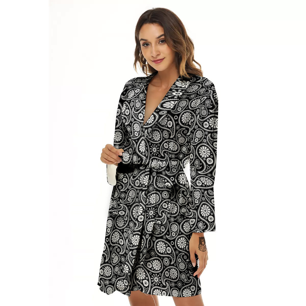 Paisley Ornament Black White And Flora Print Pattern Women's Robe-grizzshop