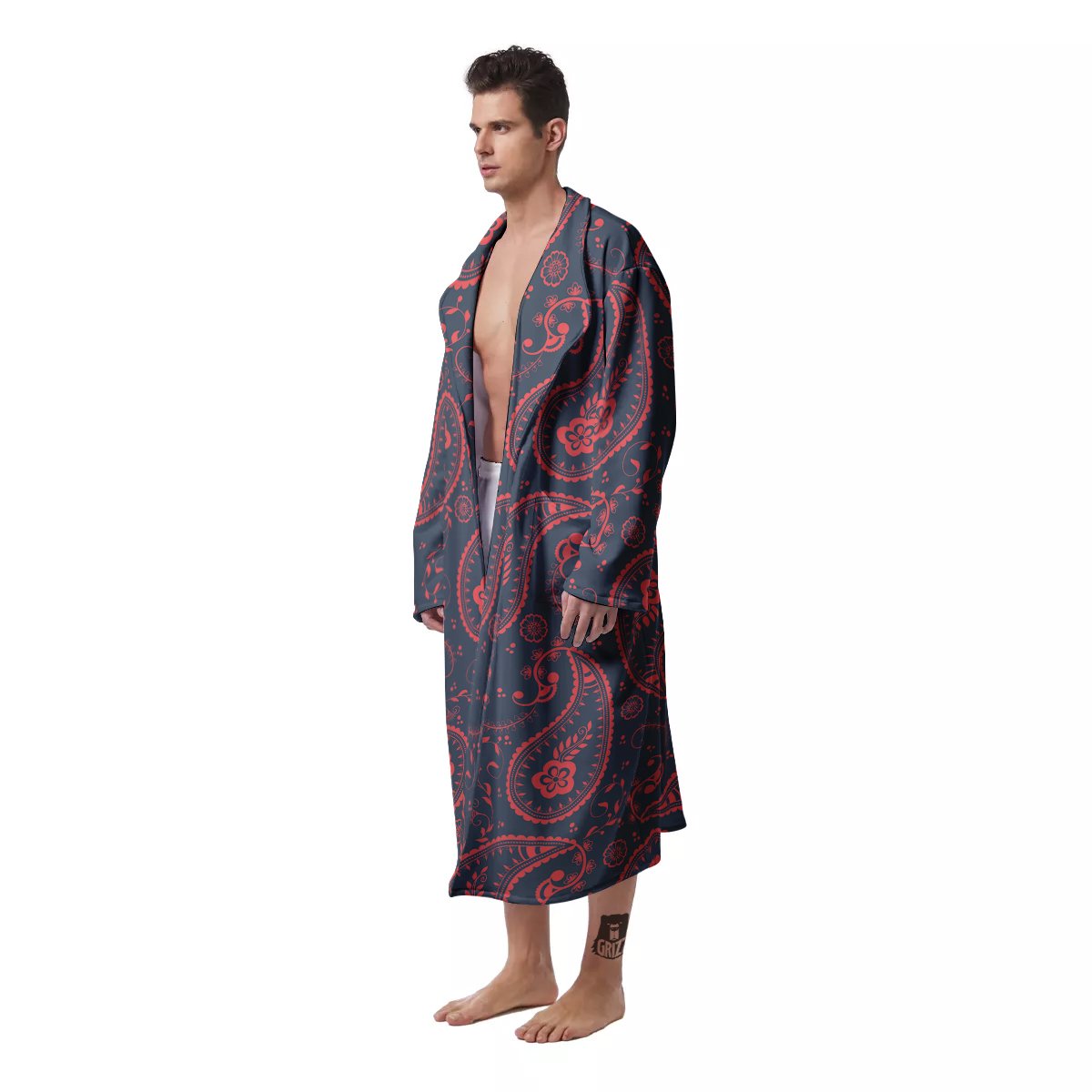 Paisley Red And Grey Print Pattern Men's Robe-grizzshop
