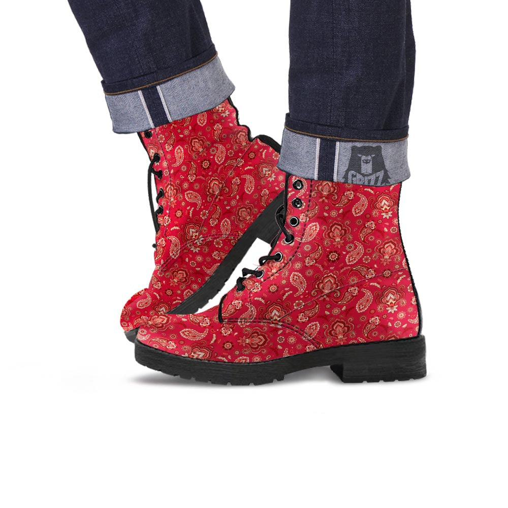 Paisley Red Print Pattern Leather Boots-grizzshop