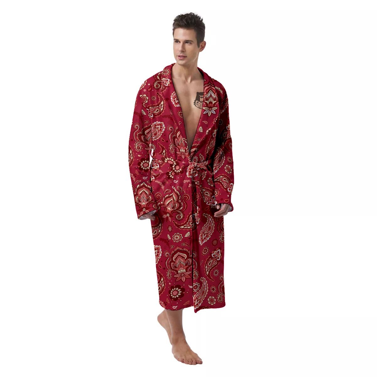 Paisley Red Print Pattern Men's Robe-grizzshop