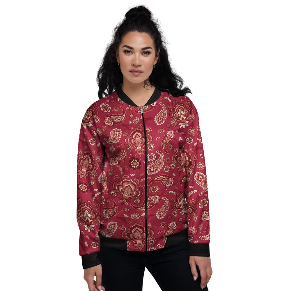 Paisley Red Print Pattern Women's Bomber Jacket-grizzshop