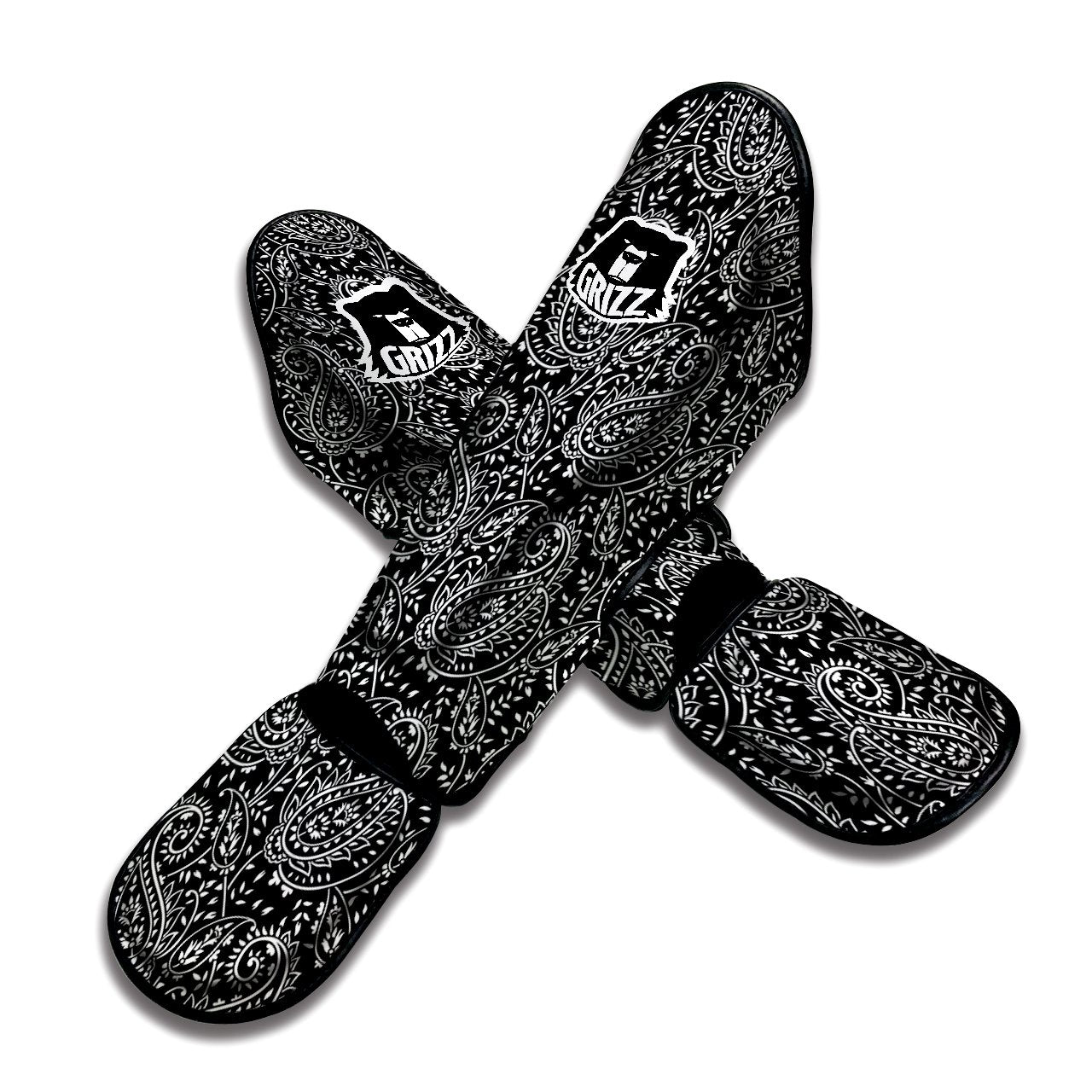 Paisley White And Black Print Pattern Muay Thai Shin Guards-grizzshop