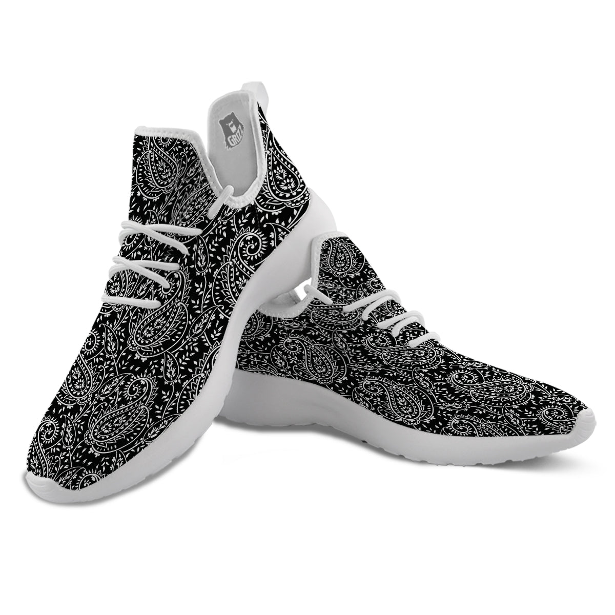 Paisley White And Black Print Pattern White Athletic Shoes-grizzshop