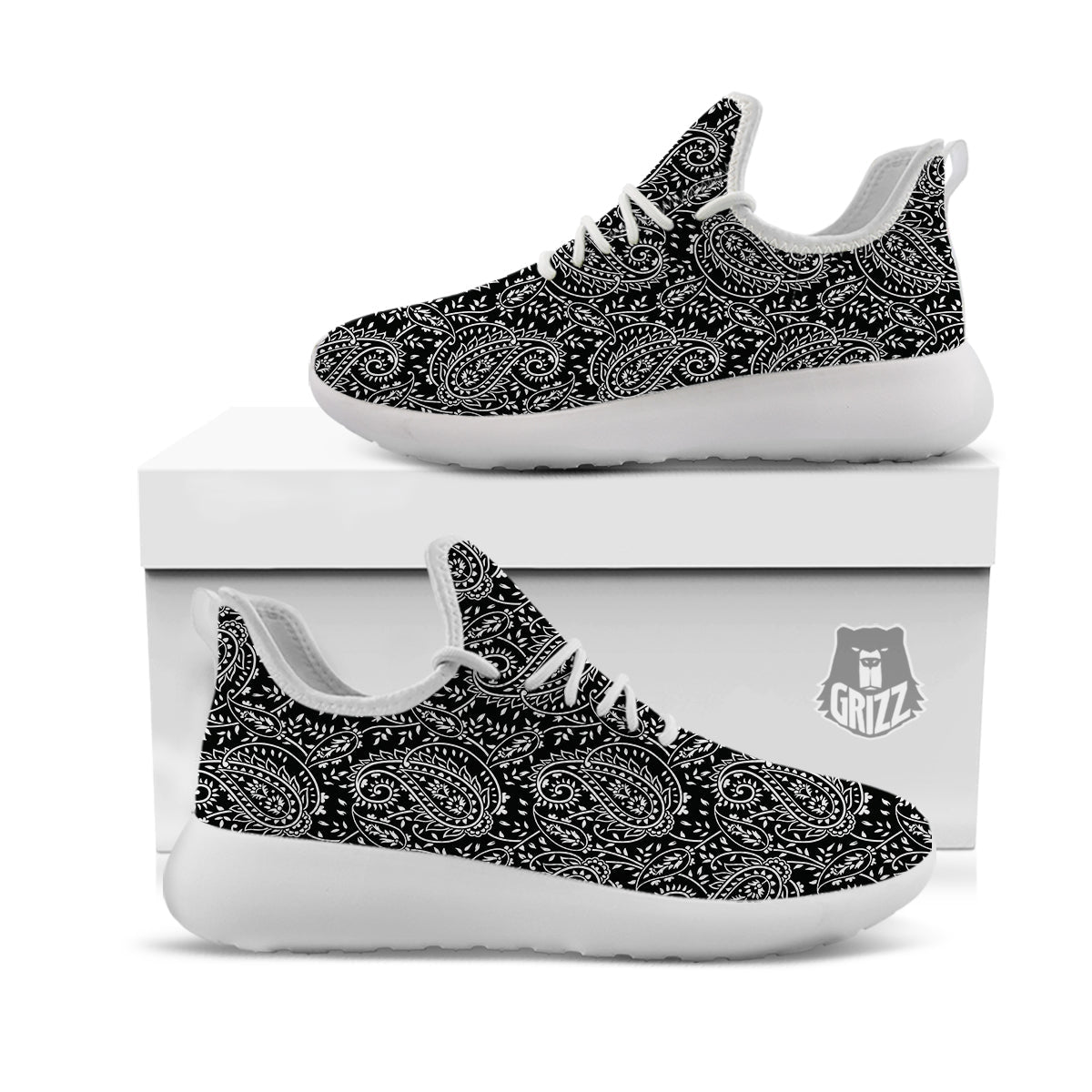 Paisley White And Black Print Pattern White Athletic Shoes-grizzshop