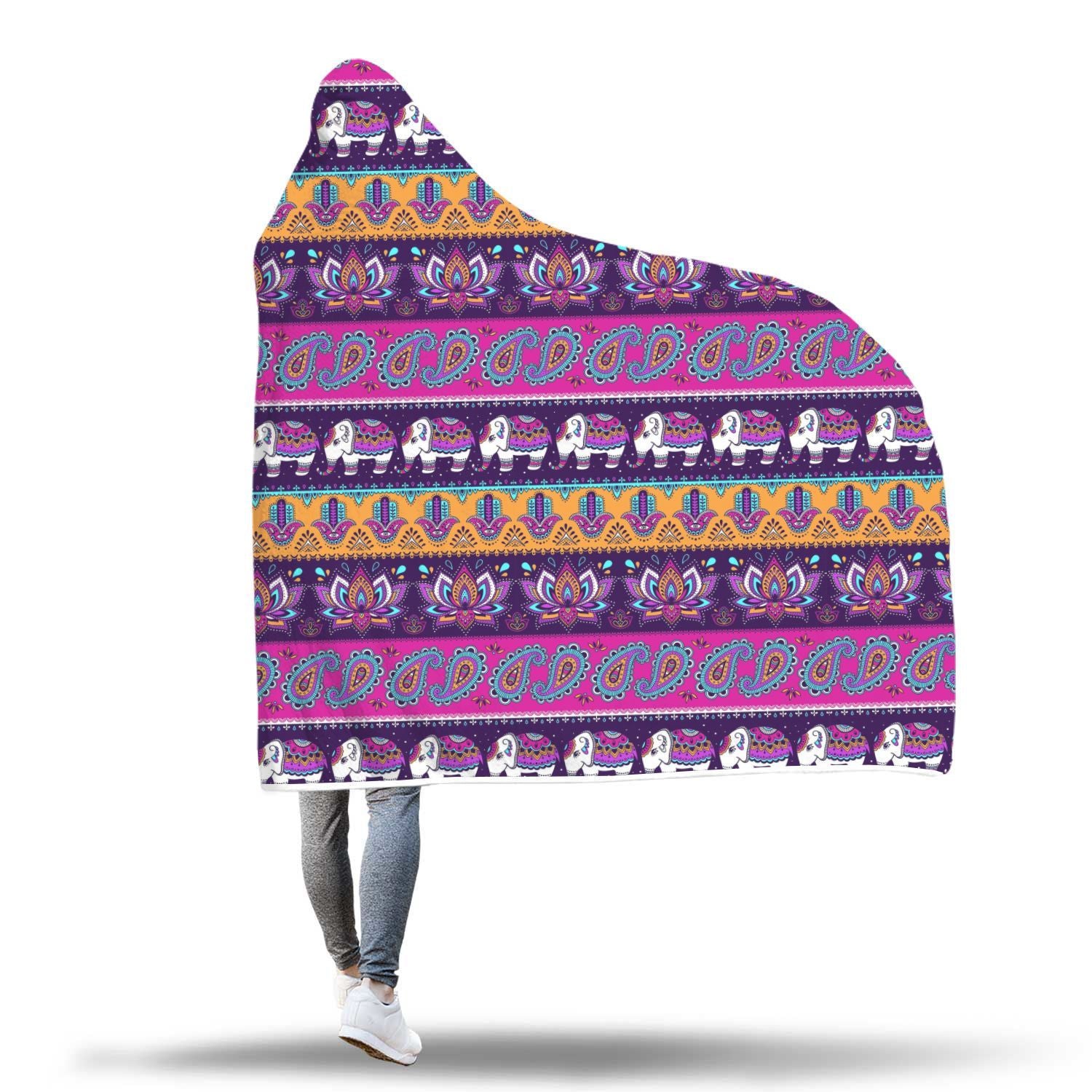 Paisleys Elephant Pattern Print Hooded Blanket-grizzshop