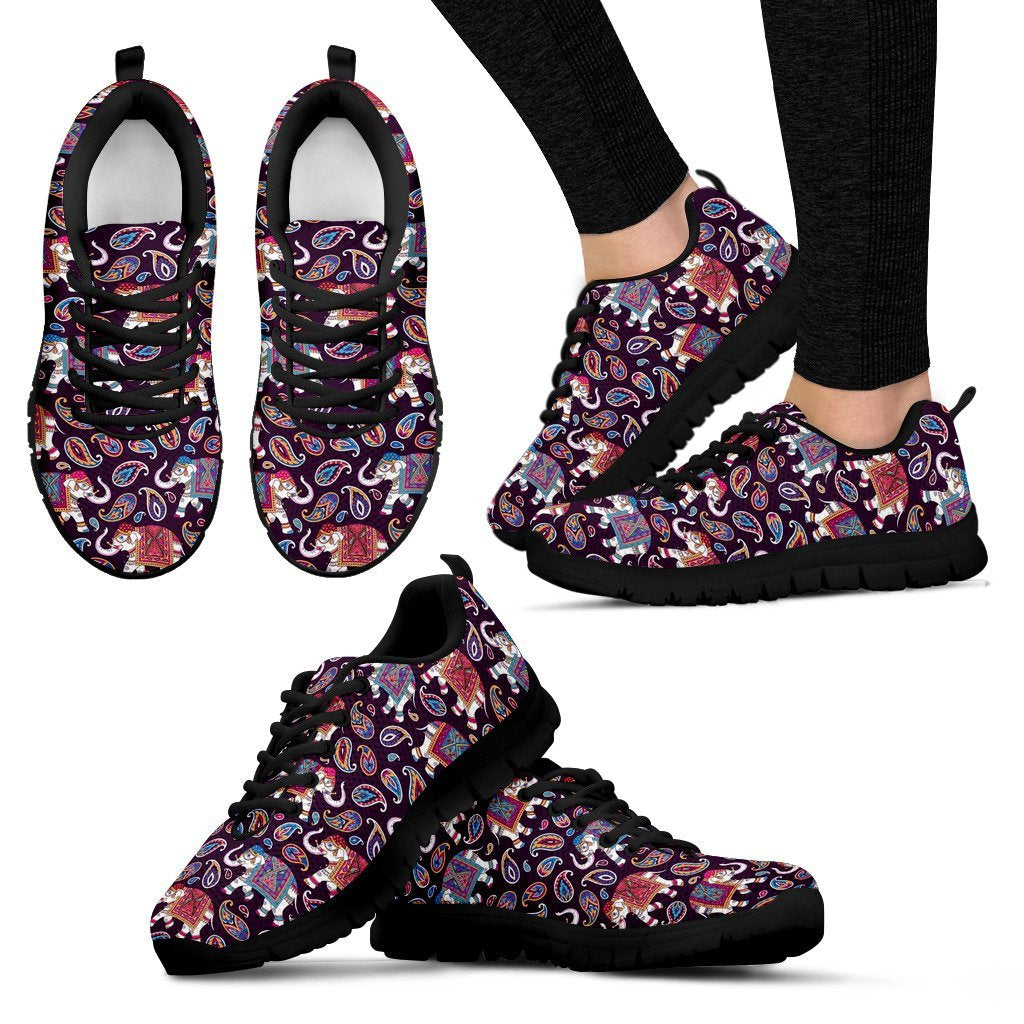 Paisleys Elephant Print Black Sneaker Shoes For Men Women-grizzshop