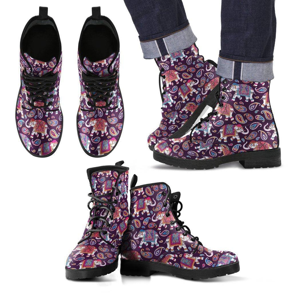 Paisleys Elephant Print Men Women Leather Boots-grizzshop