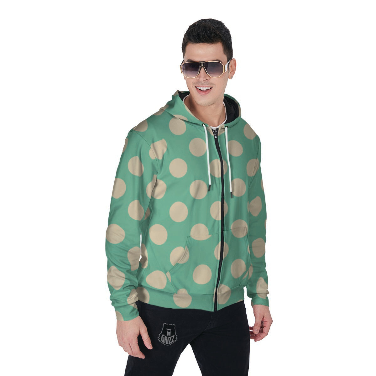 Pale Green Polka Dot Men's Zip Up Hoodie-grizzshop