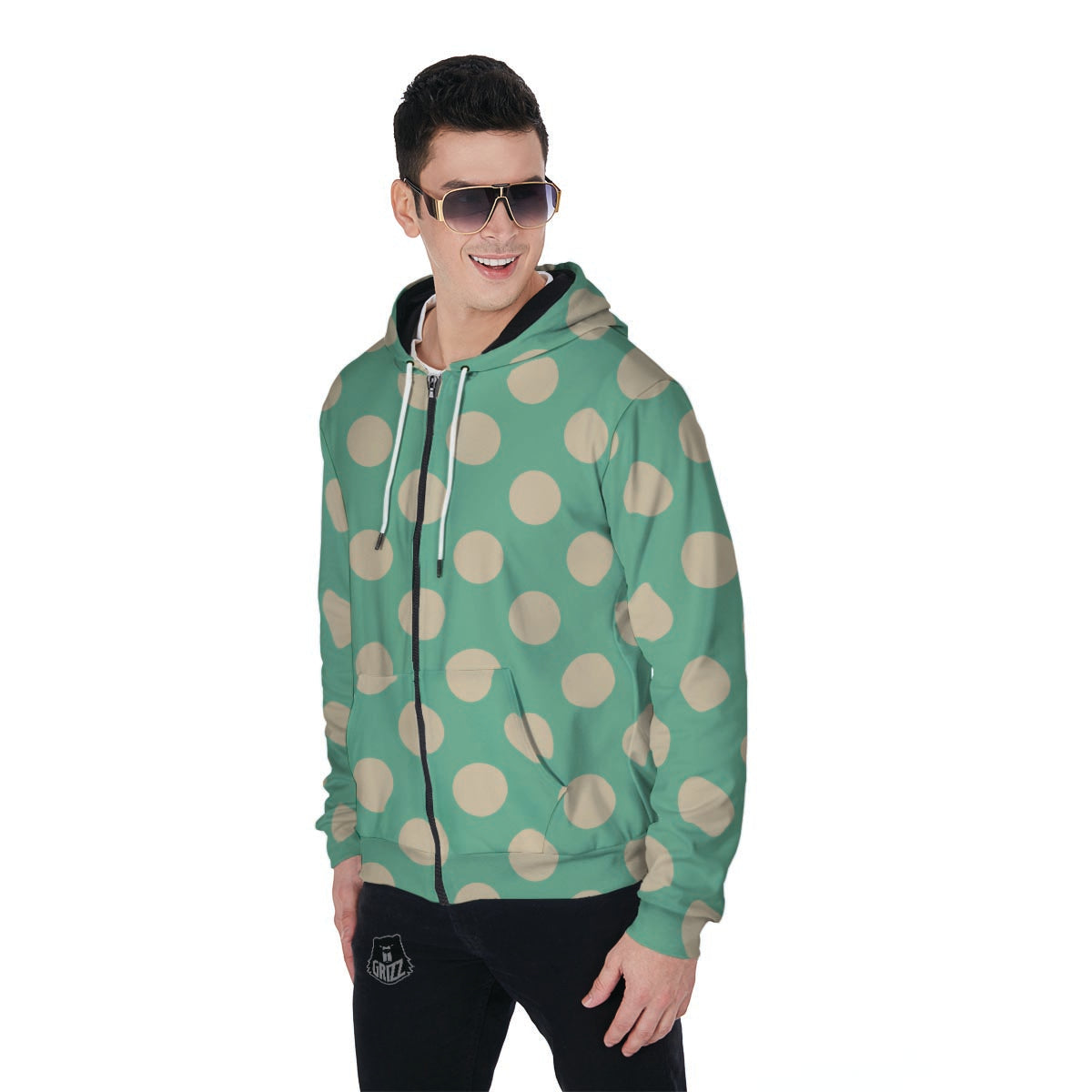 Pale Green Polka Dot Men's Zip Up Hoodie-grizzshop