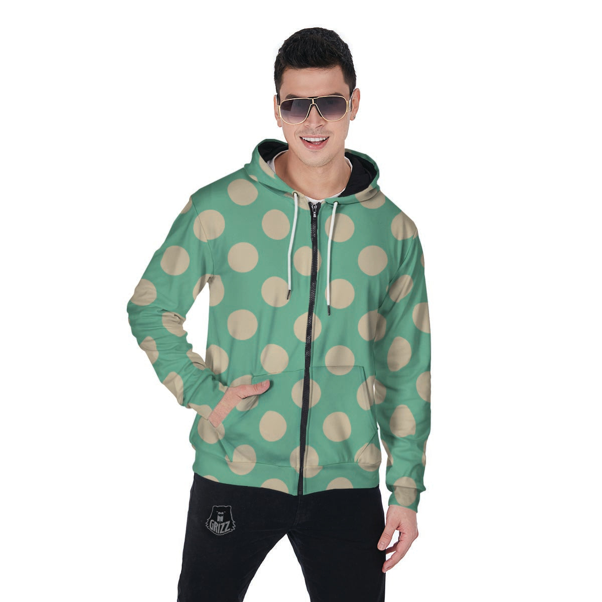 Pale Green Polka Dot Men's Zip Up Hoodie-grizzshop