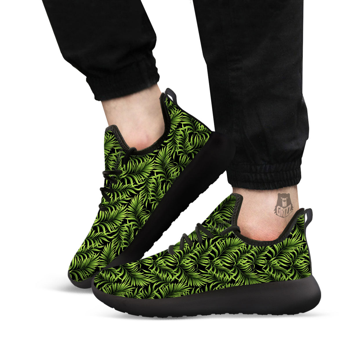 Palm Leaf Green Tropical Print Pattern Black Athletic Shoes-grizzshop