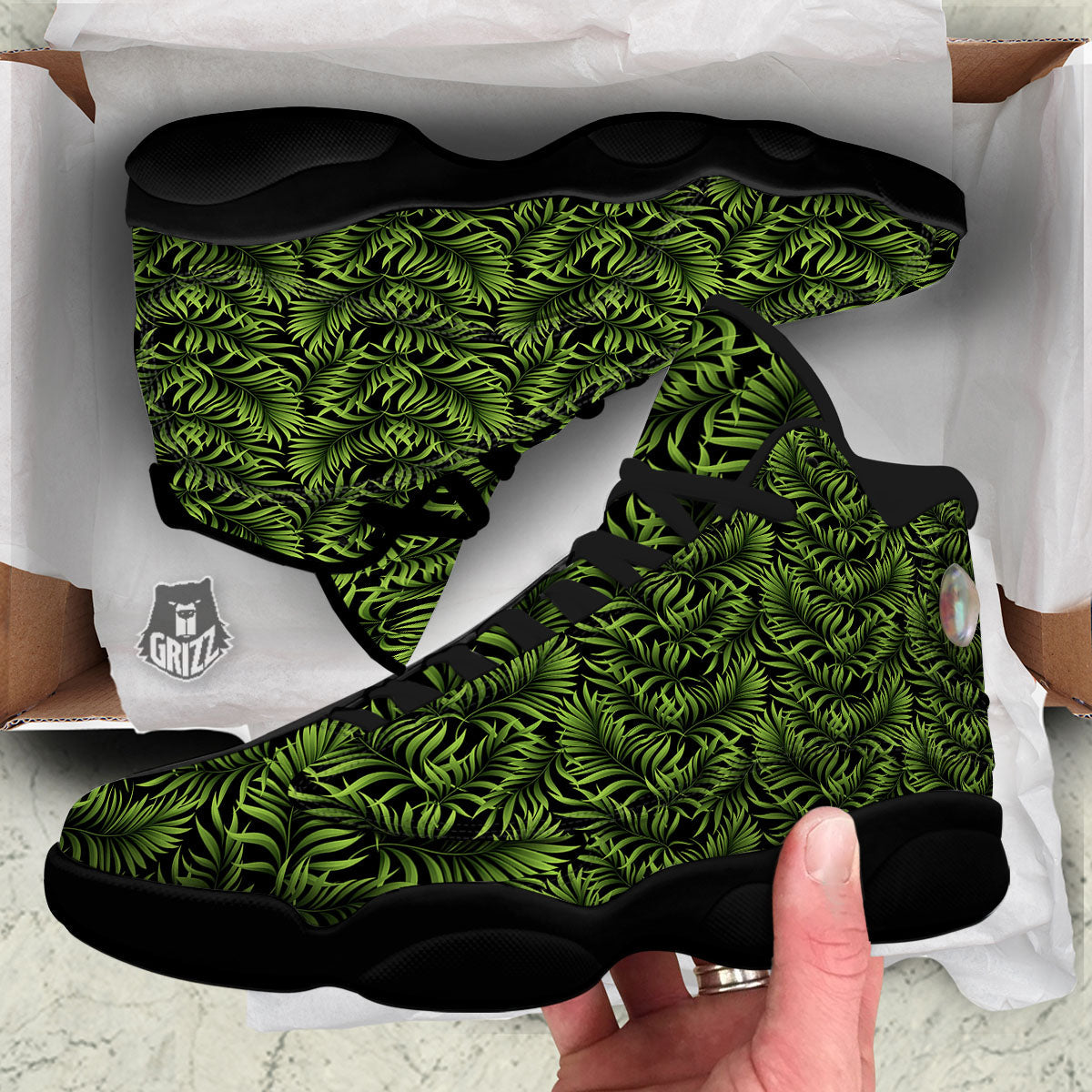 Palm Leaf Green Tropical Print Pattern Black Basketball Shoes-grizzshop