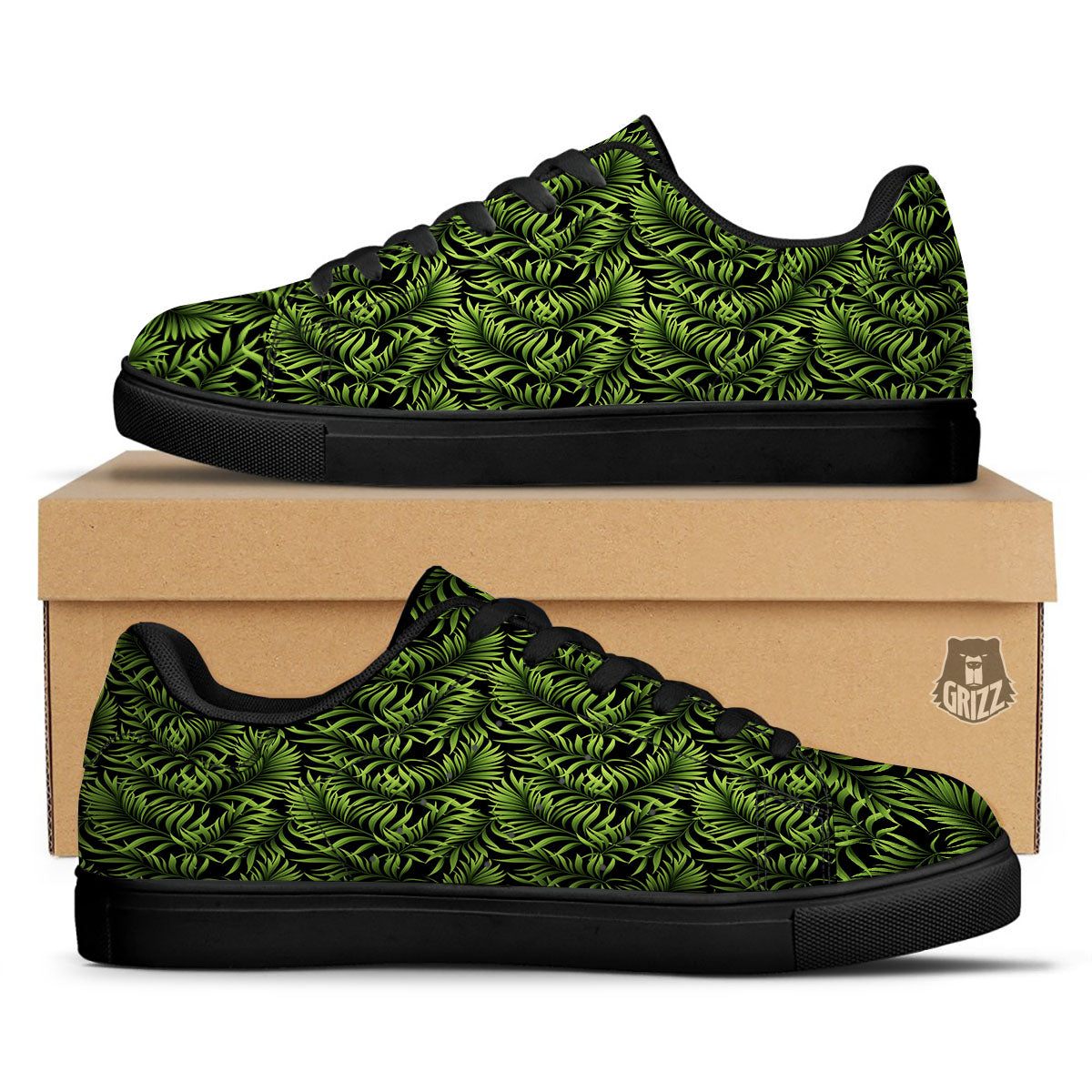 Palm Leaf Green Tropical Print Pattern Black Low Top Sneakers-grizzshop