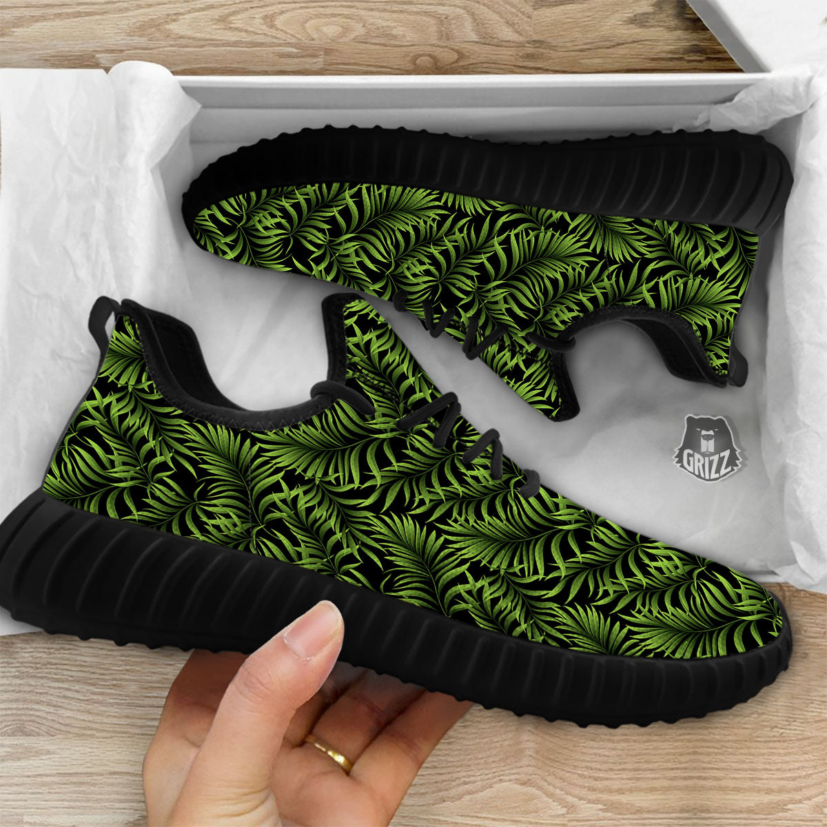 Palm Leaf Green Tropical Print Pattern Black Walking Shoes-grizzshop