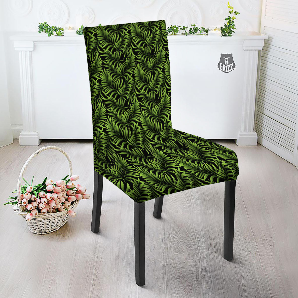 Palm Leaf Green Tropical Print Pattern Dining Chair Slipcover-grizzshop