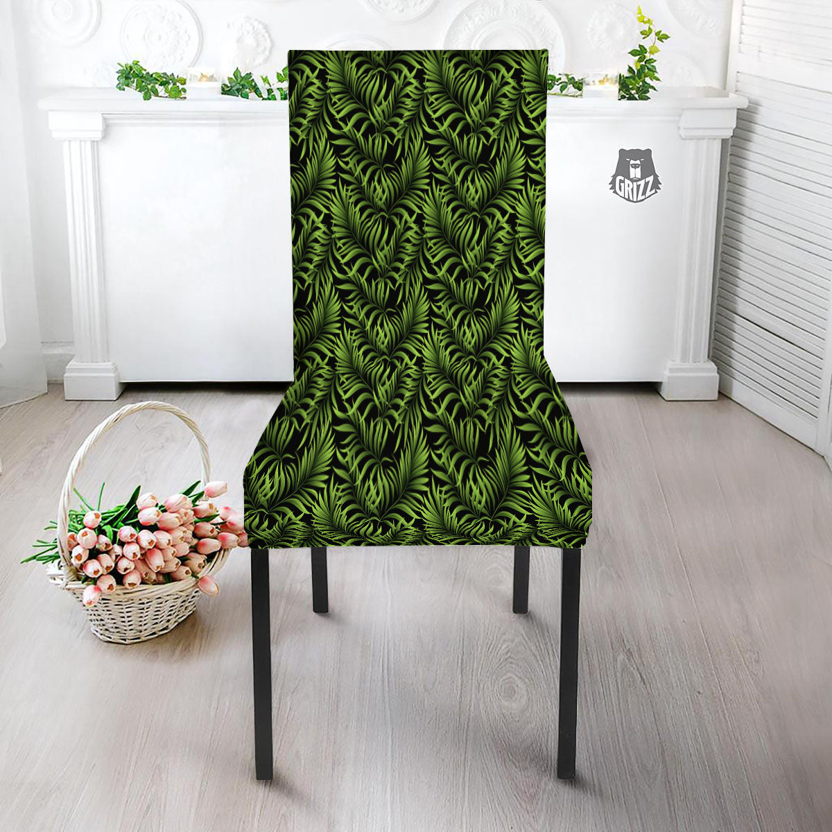 Palm Leaf Green Tropical Print Pattern Dining Chair Slipcover-grizzshop