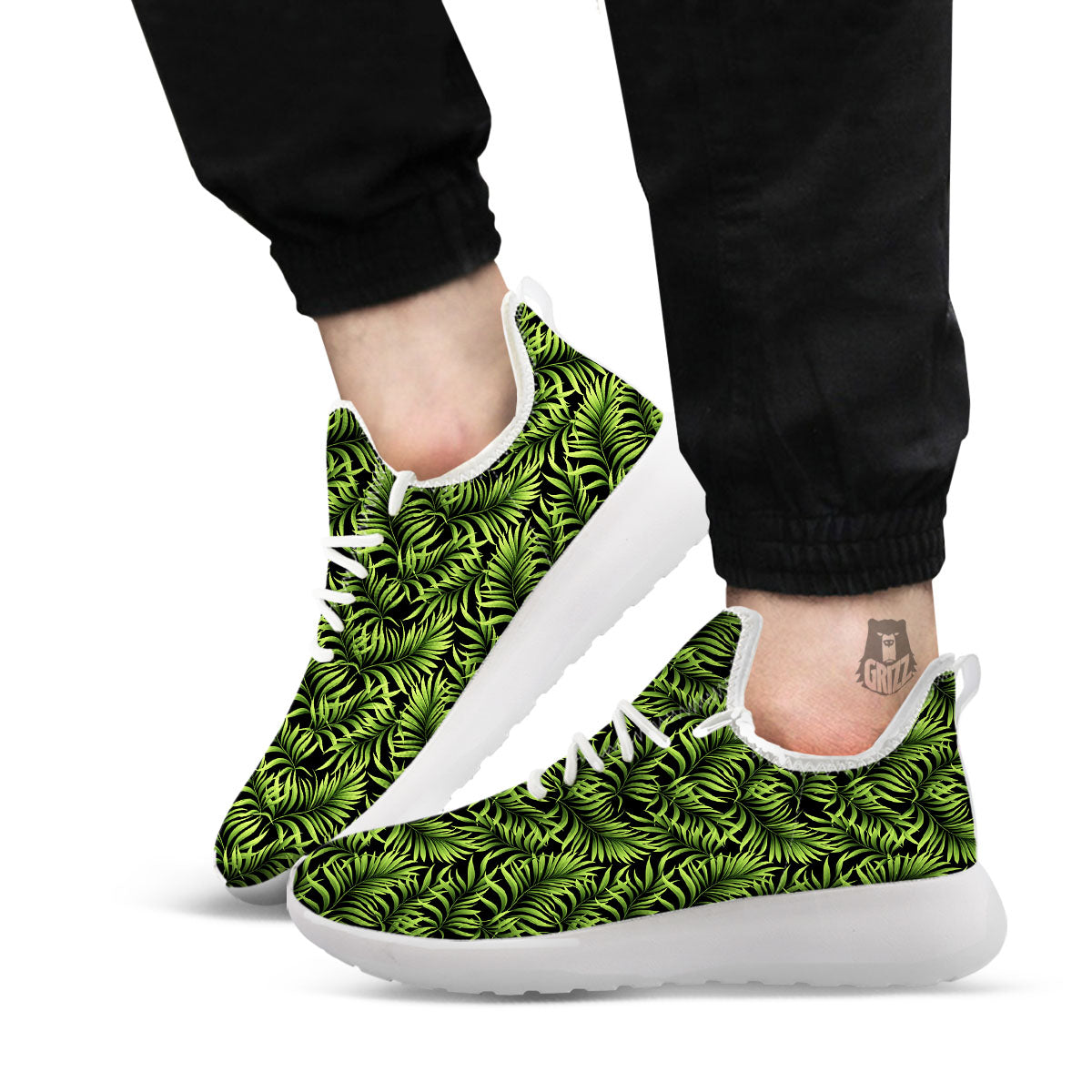 Palm Leaf Green Tropical Print Pattern White Athletic Shoes-grizzshop