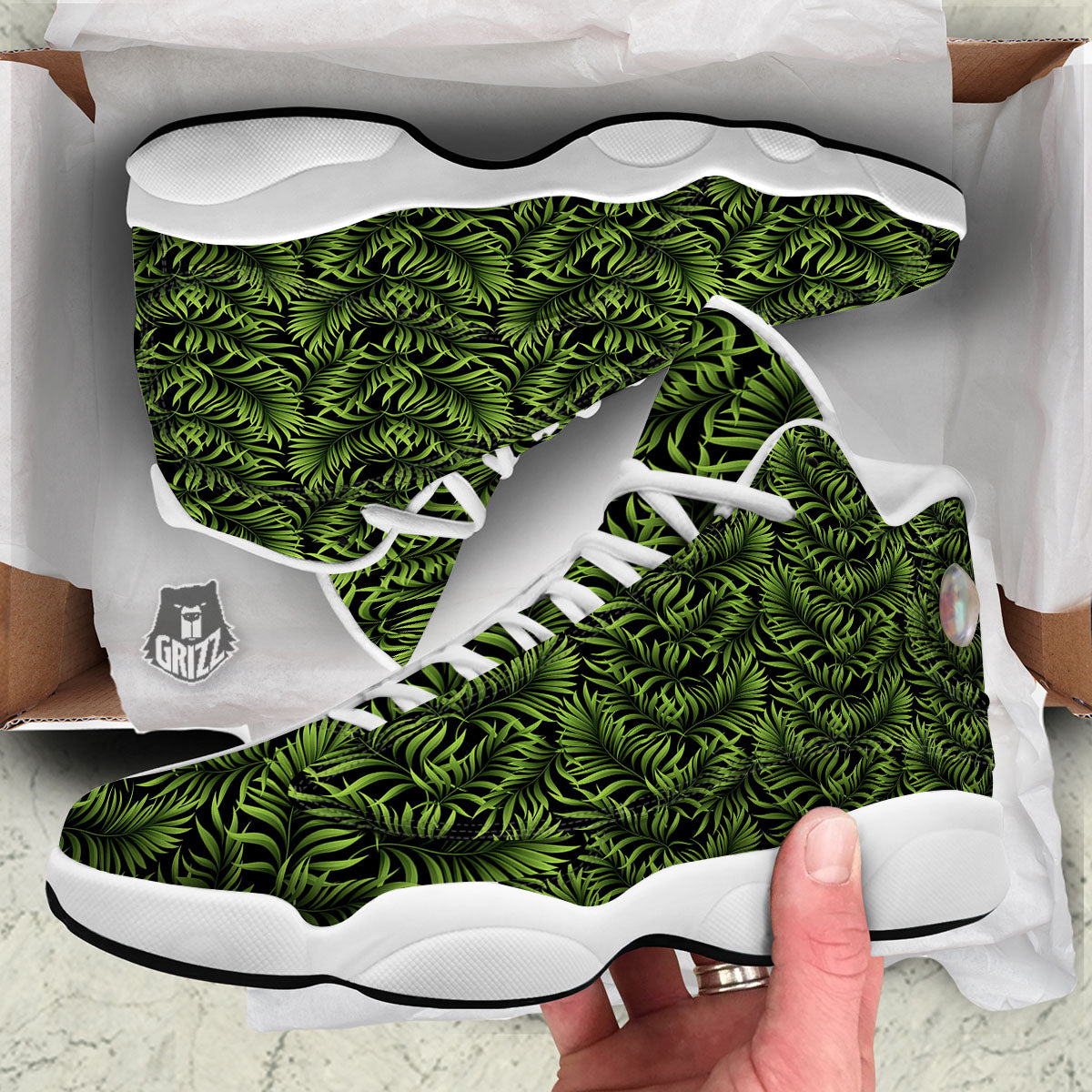 Palm Leaf Green Tropical Print Pattern White Basketball Shoes-grizzshop