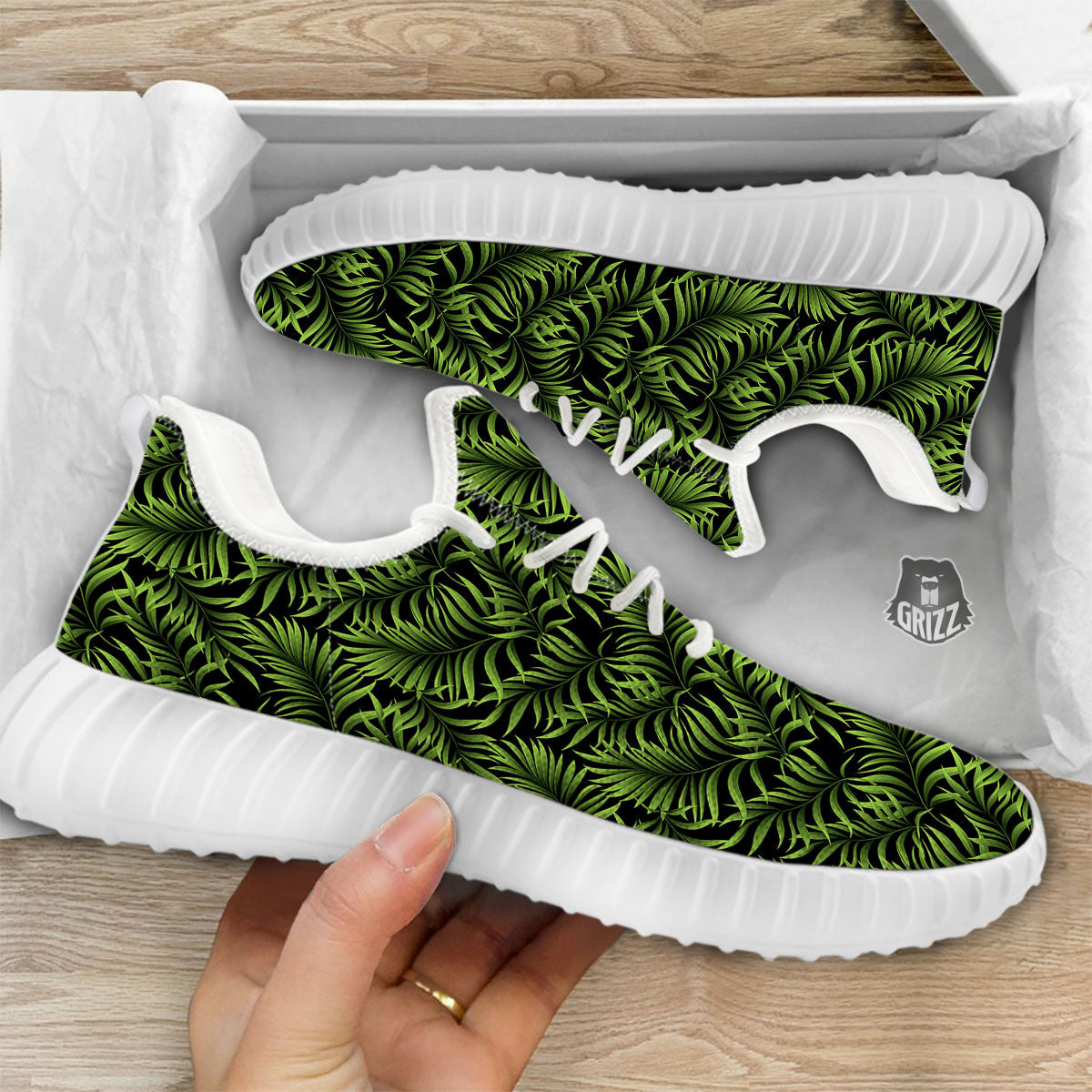 Palm Leaf Green Tropical Print Pattern White Walking Shoes-grizzshop