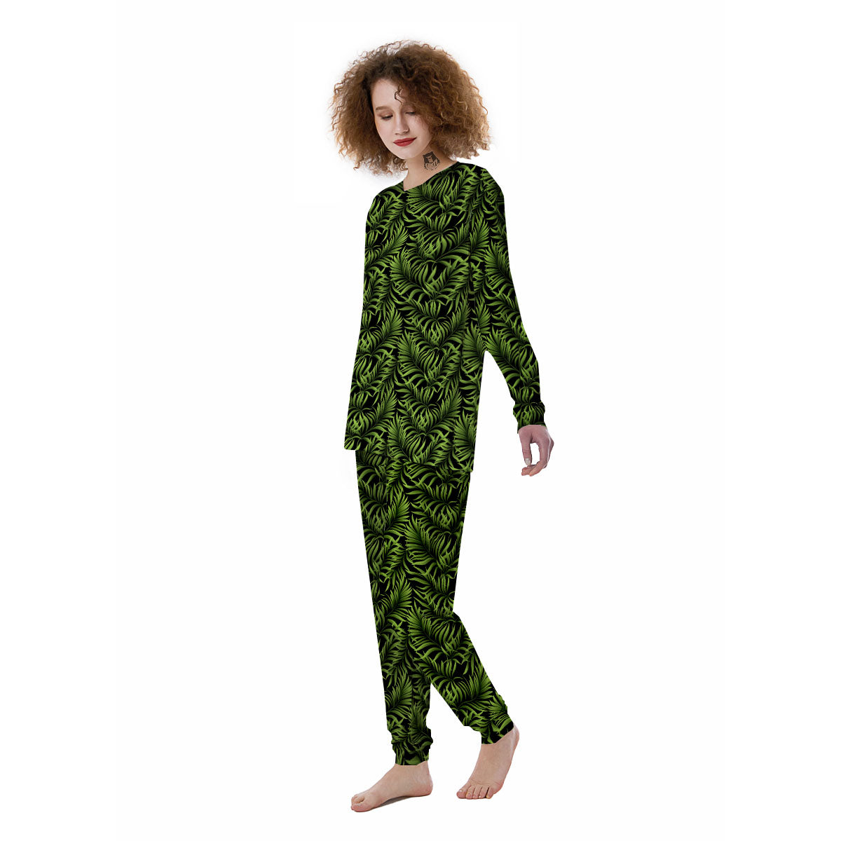 Palm Leaf Green Tropical Print Pattern Women's Pajamas-grizzshop