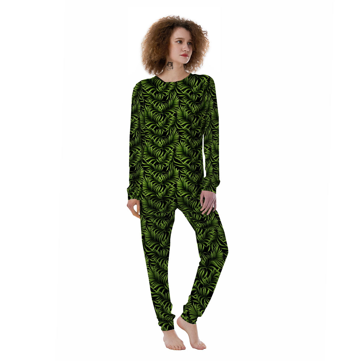 Palm Leaf Green Tropical Print Pattern Women's Pajamas-grizzshop