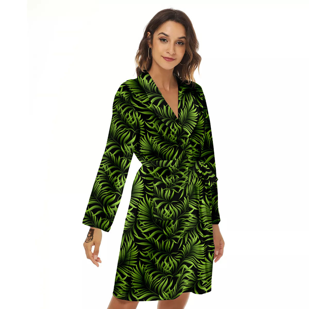 Palm Leaf Green Tropical Print Pattern Women's Robe-grizzshop