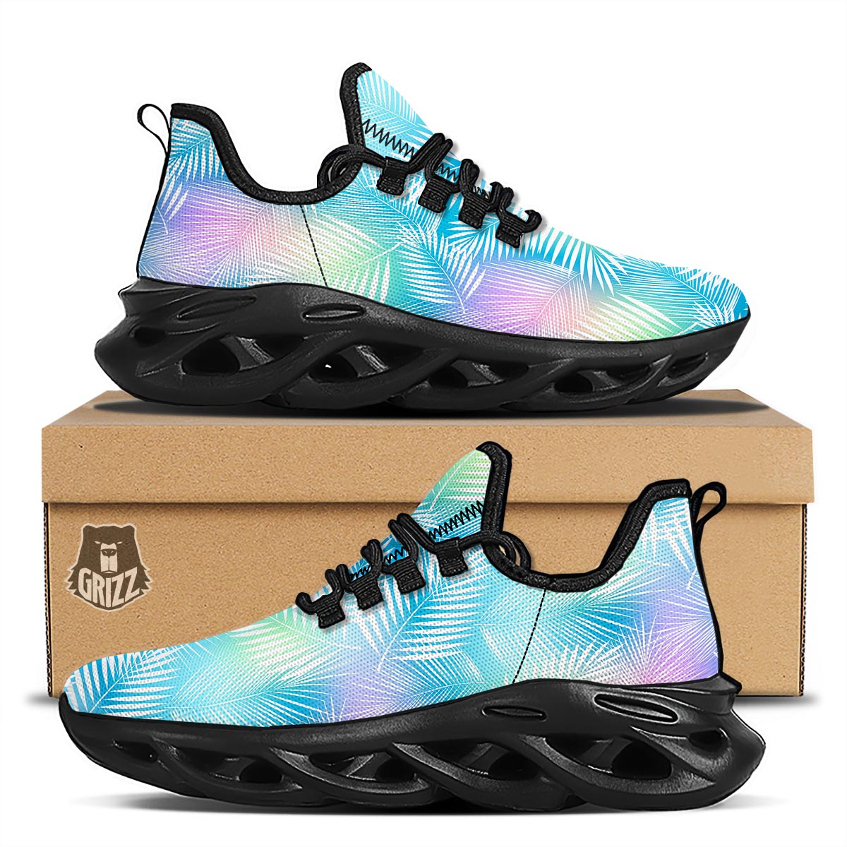 Palm Leaf Hawaiian Print Black Running Shoes-grizzshop