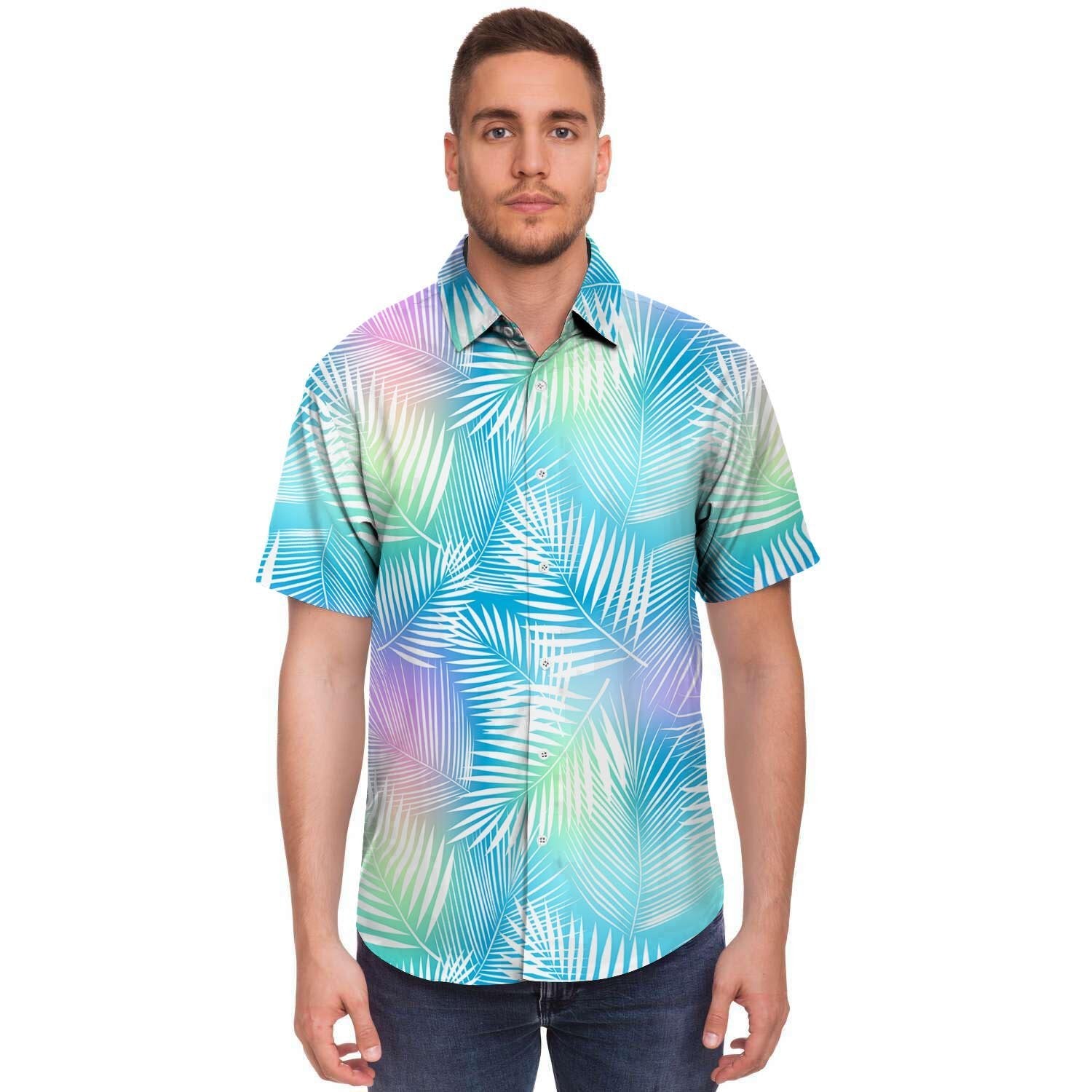 Palm Leaf Hawaiian Print Men's Short Sleeve Shirt-grizzshop
