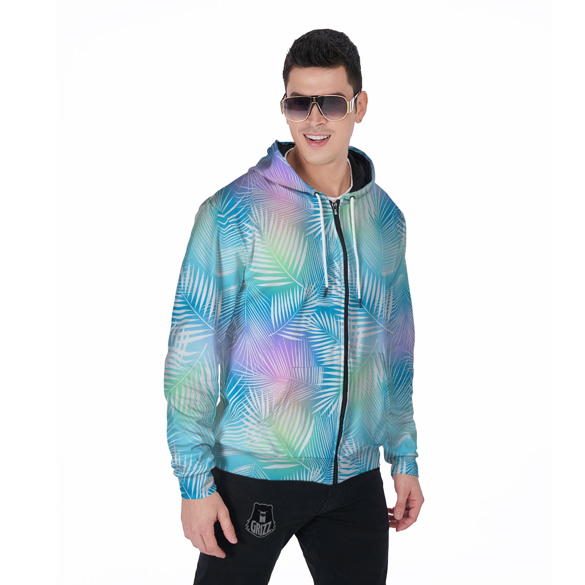 Palm Leaf Hawaiian Print Men's Zip Up Hoodie-grizzshop