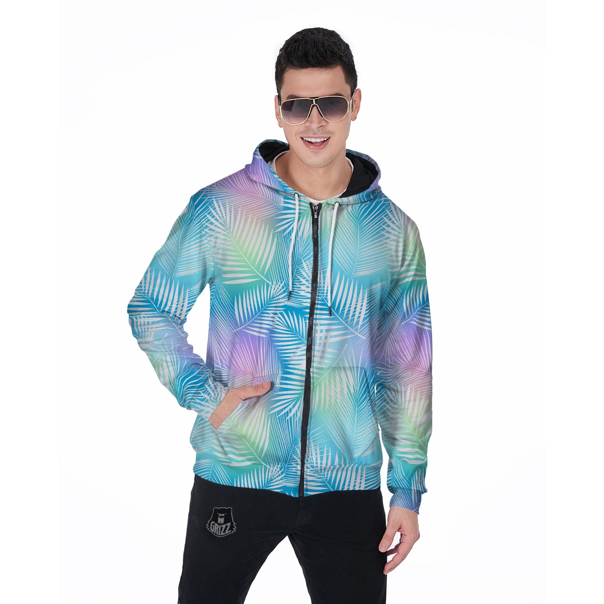 Palm Leaf Hawaiian Print Men's Zip Up Hoodie-grizzshop