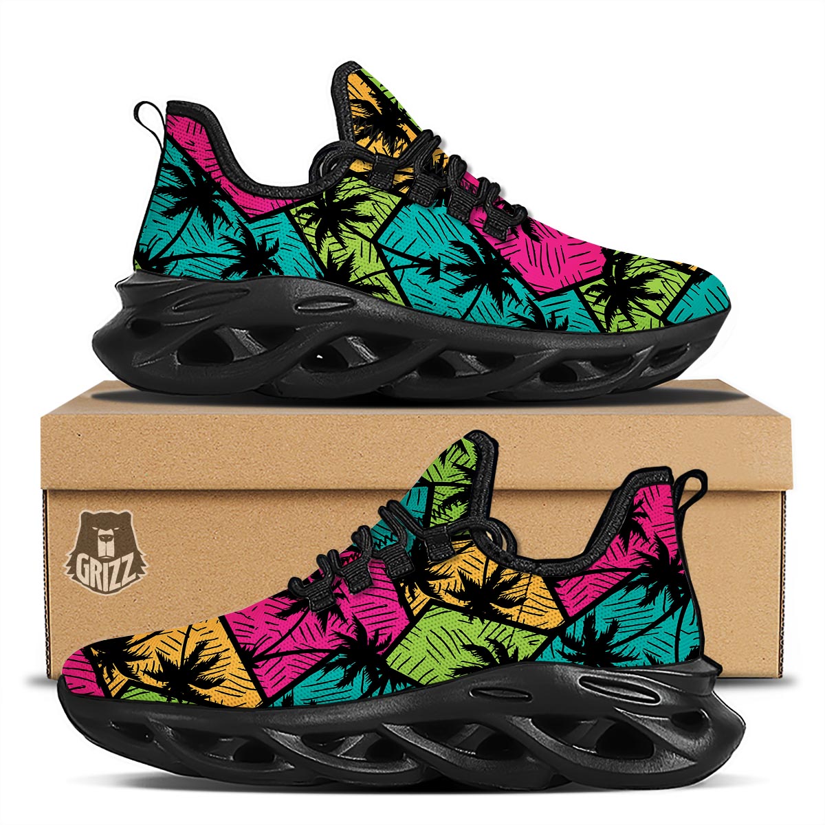 Palm Leaf Hawaiian Print Pattern Black Running Shoes-grizzshop
