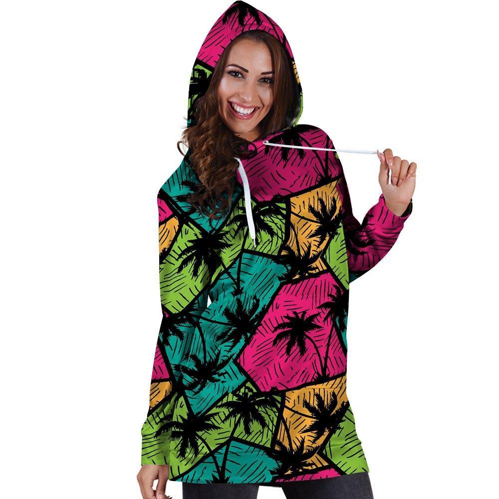 Palm Leaf Hawaiian Print Pattern Hoodie Dress-grizzshop