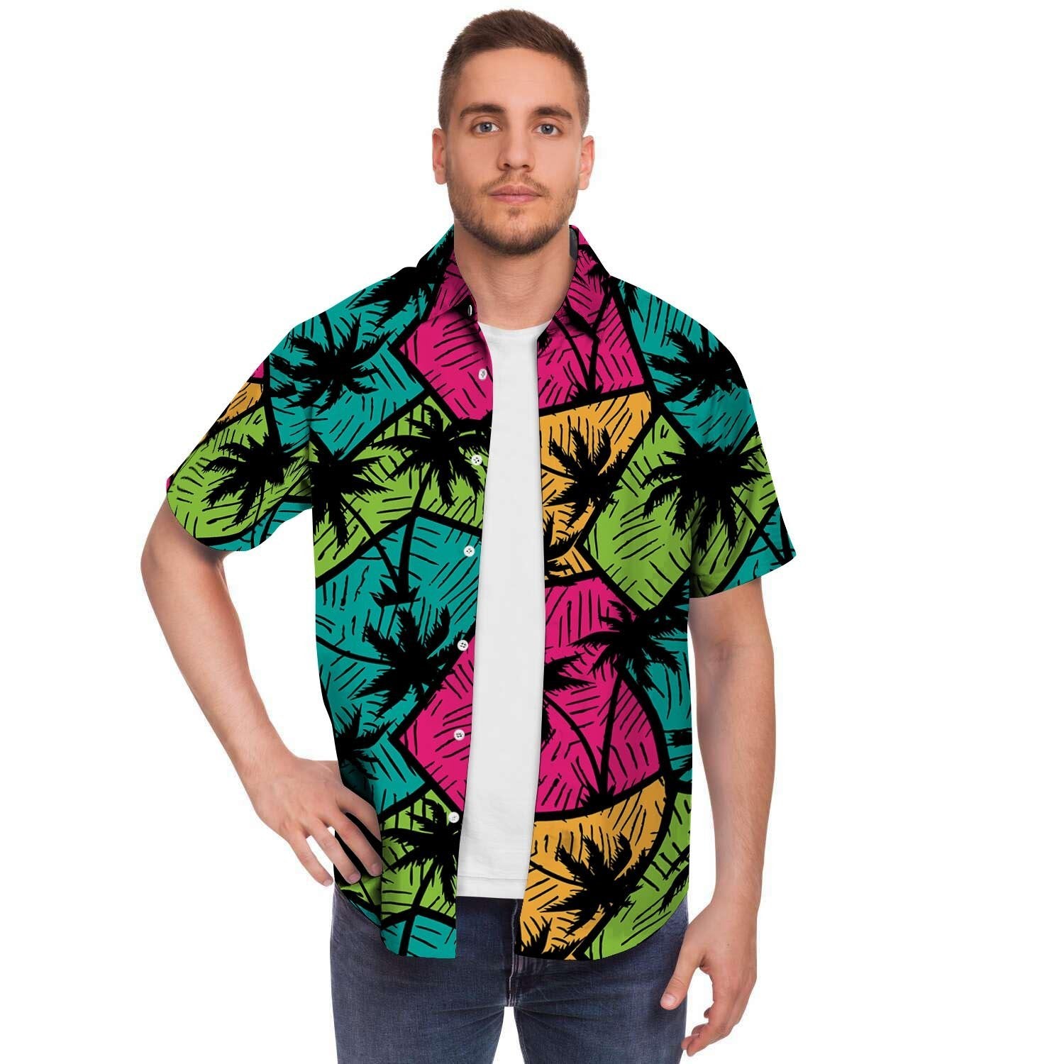 Palm Leaf Hawaiian Print Pattern Men's Short Sleeve Shirt-grizzshop