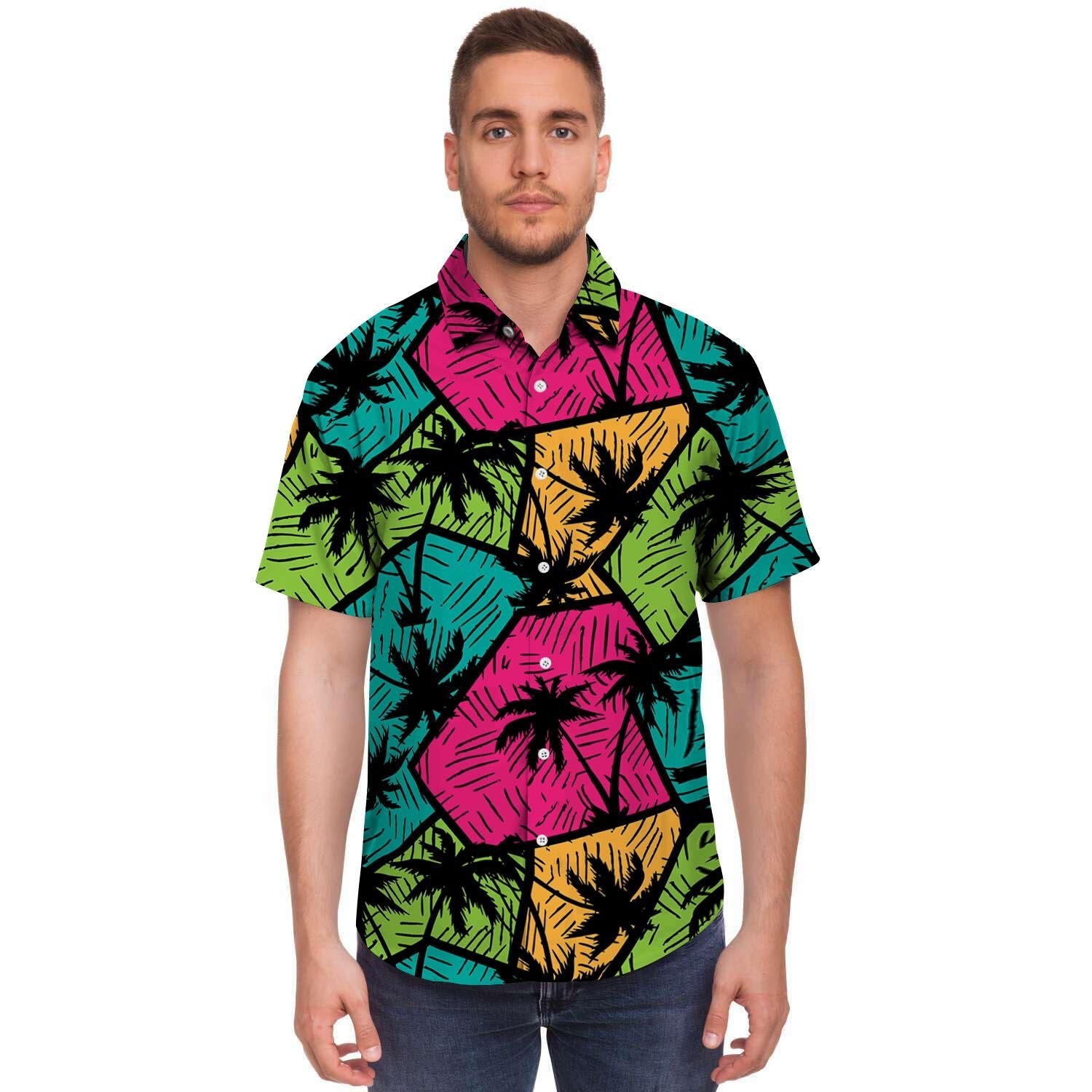 Palm Leaf Hawaiian Print Pattern Men's Short Sleeve Shirt-grizzshop