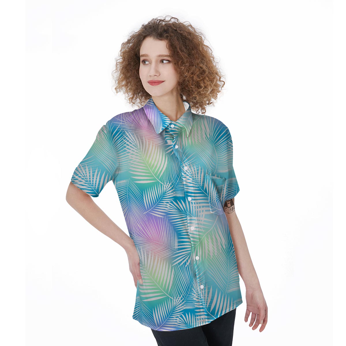 Palm Leaf Hawaiian Print Women's Short Sleeve Shirts-grizzshop