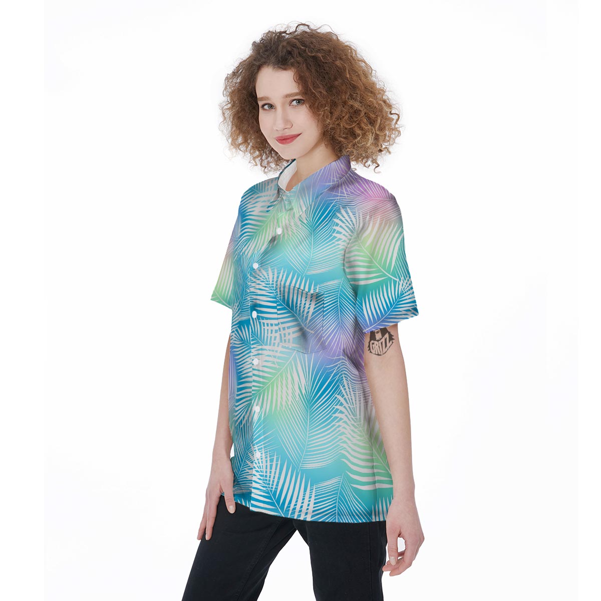 Palm Leaf Hawaiian Print Women's Short Sleeve Shirts-grizzshop