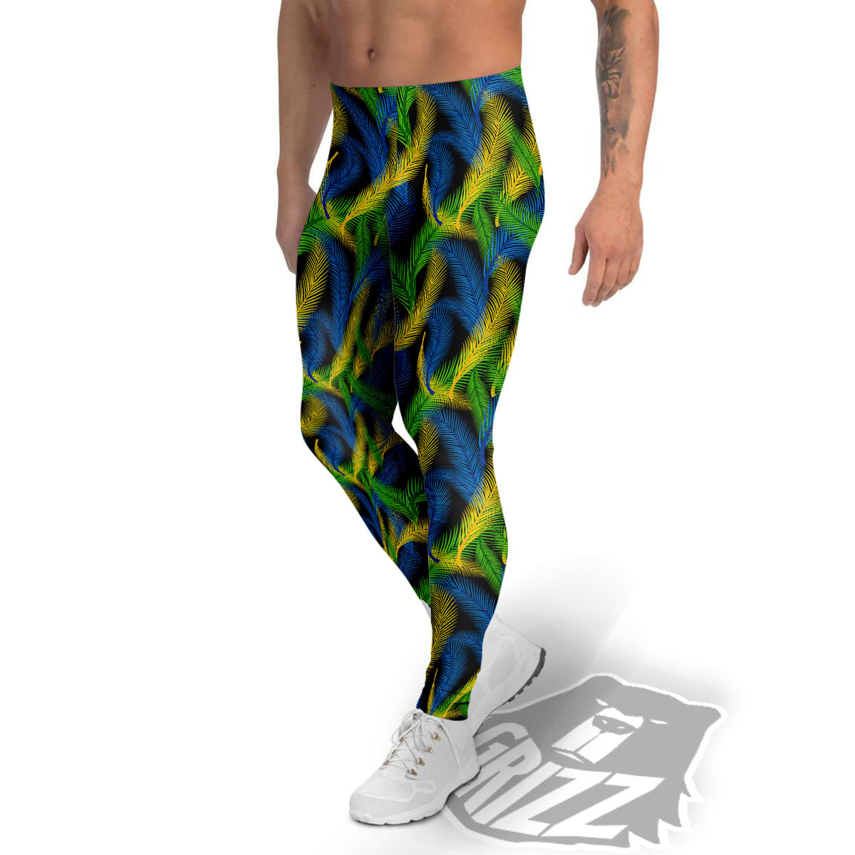Palm Leaf Mardi Gras Print Pattern Men's Leggings-grizzshop
