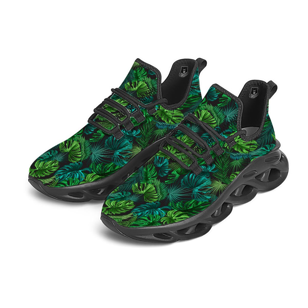 Palm Leaf Tropical Print Black Running Shoes-grizzshop