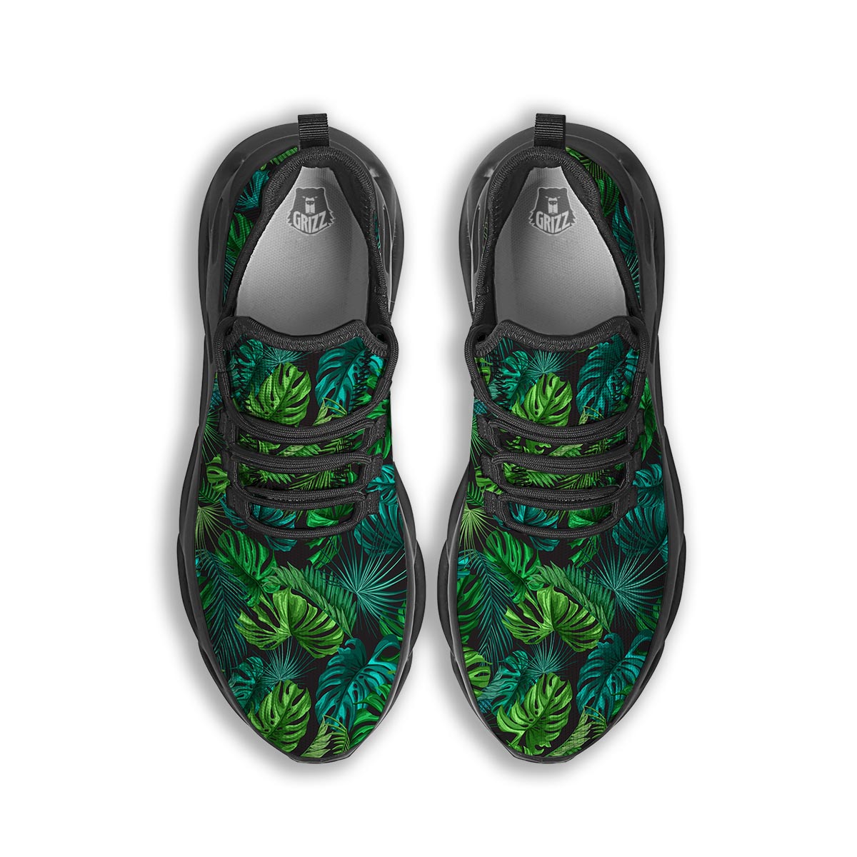 Palm Leaf Tropical Print Black Running Shoes-grizzshop