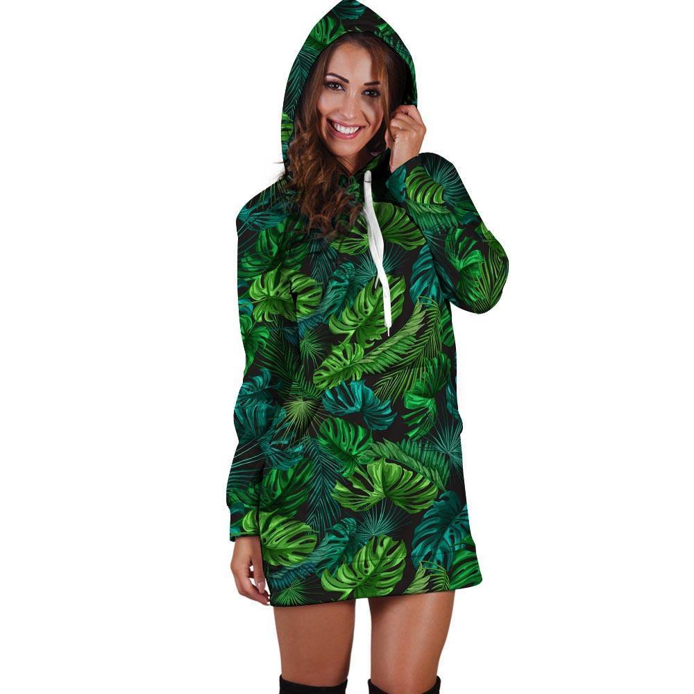 Palm Leaf Tropical Print Hoodie Dress-grizzshop