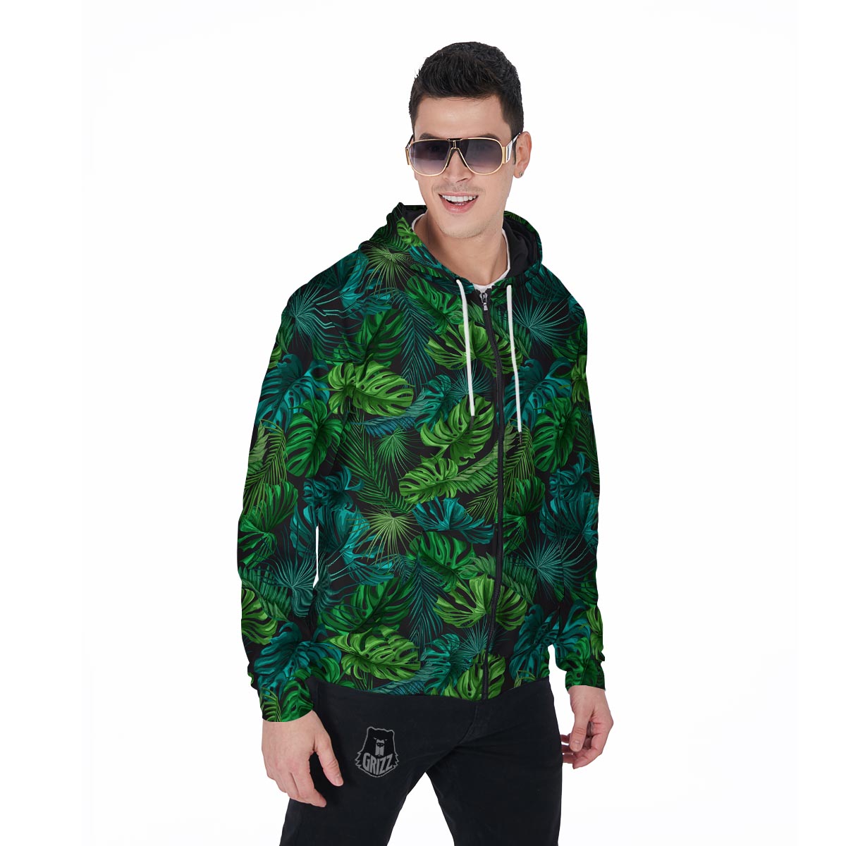 Palm Leaf Tropical Print Men's Zip Up Hoodie-grizzshop