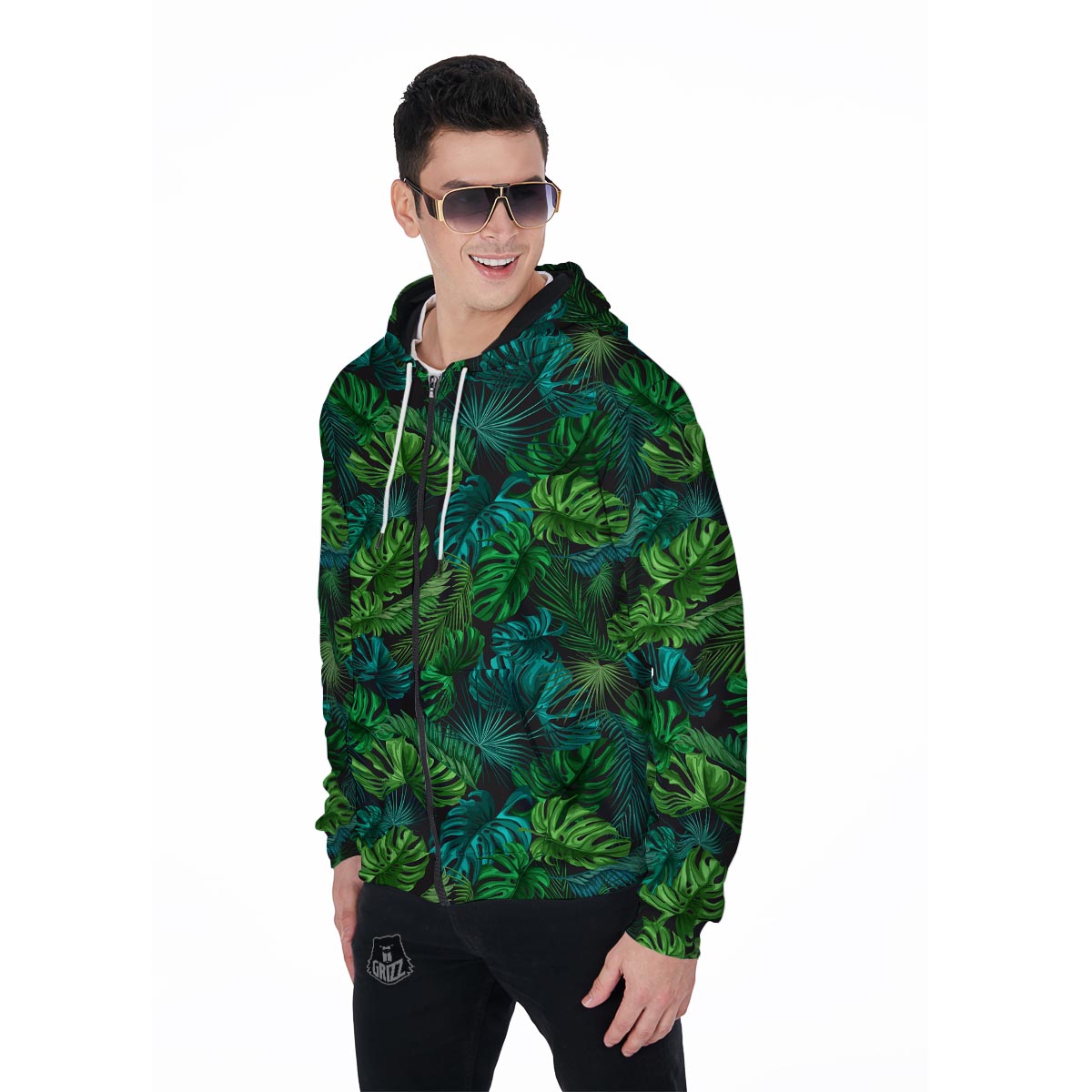 Palm Leaf Tropical Print Men's Zip Up Hoodie-grizzshop