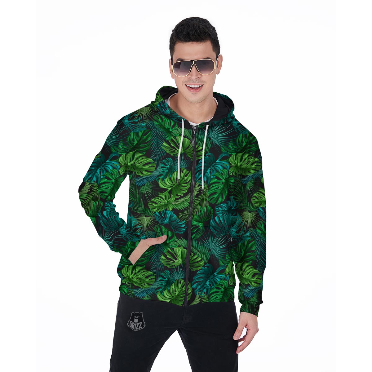 Palm Leaf Tropical Print Men's Zip Up Hoodie-grizzshop
