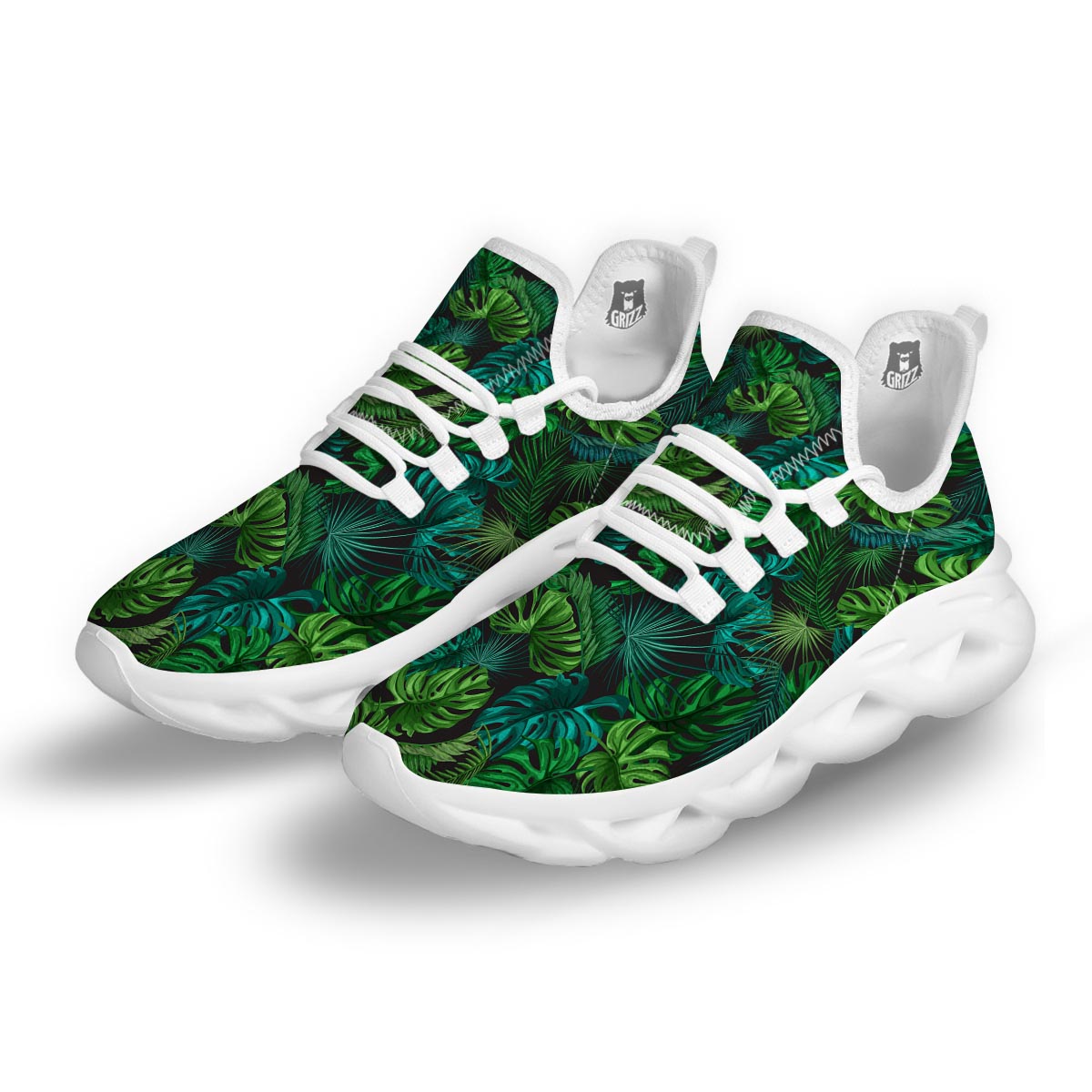 Palm Leaf Tropical Print White Running Shoes-grizzshop