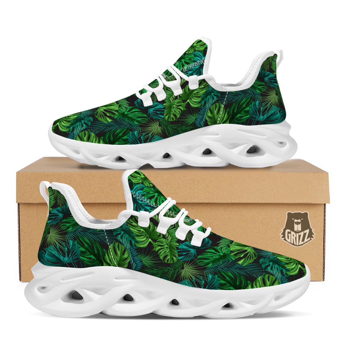 Palm Leaf Tropical Print White Running Shoes-grizzshop
