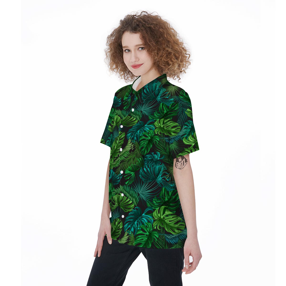 Palm Leaf Tropical Print Women's Short Sleeve Shirts-grizzshop