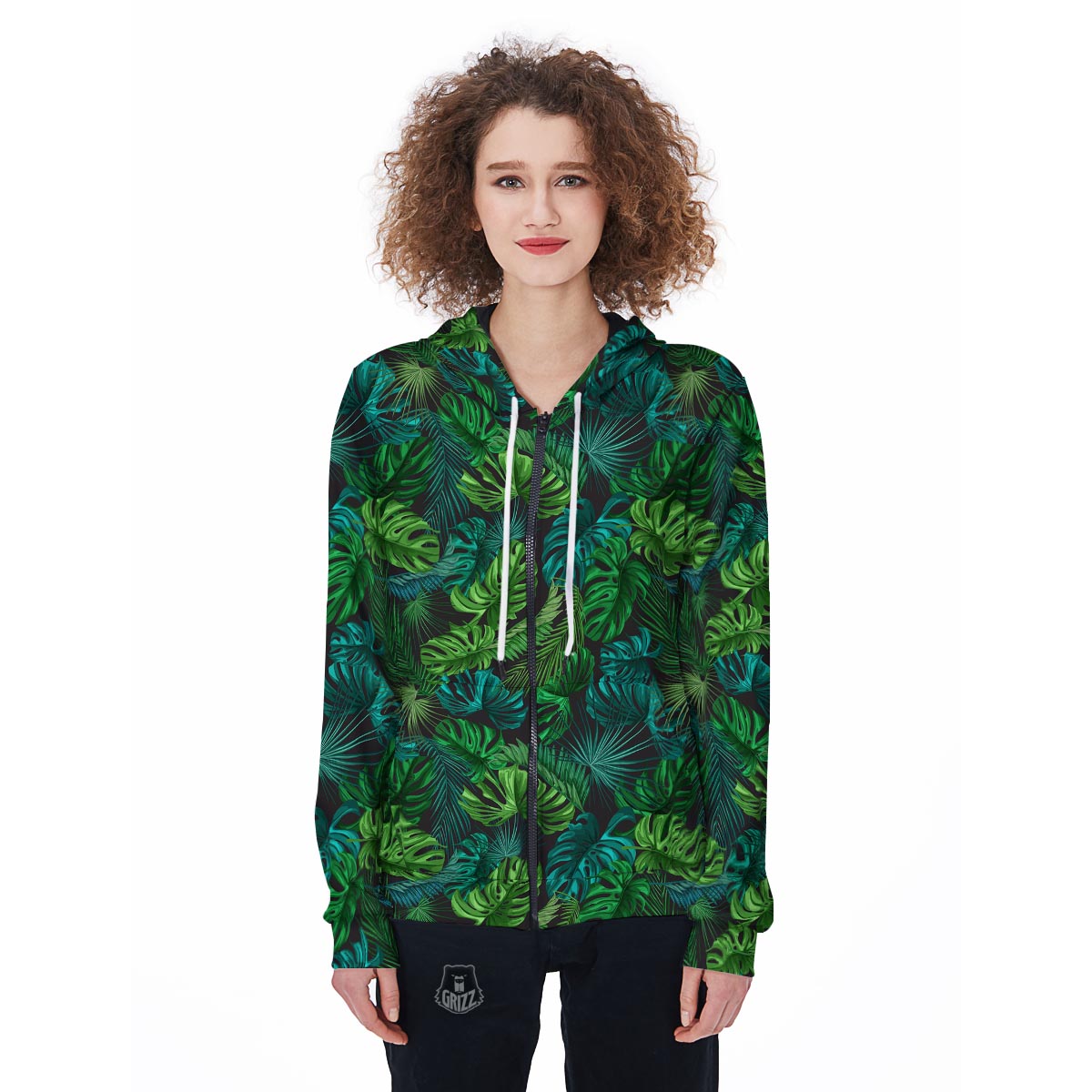 Palm Leaf Tropical Print Women s Zip Up Hoodie