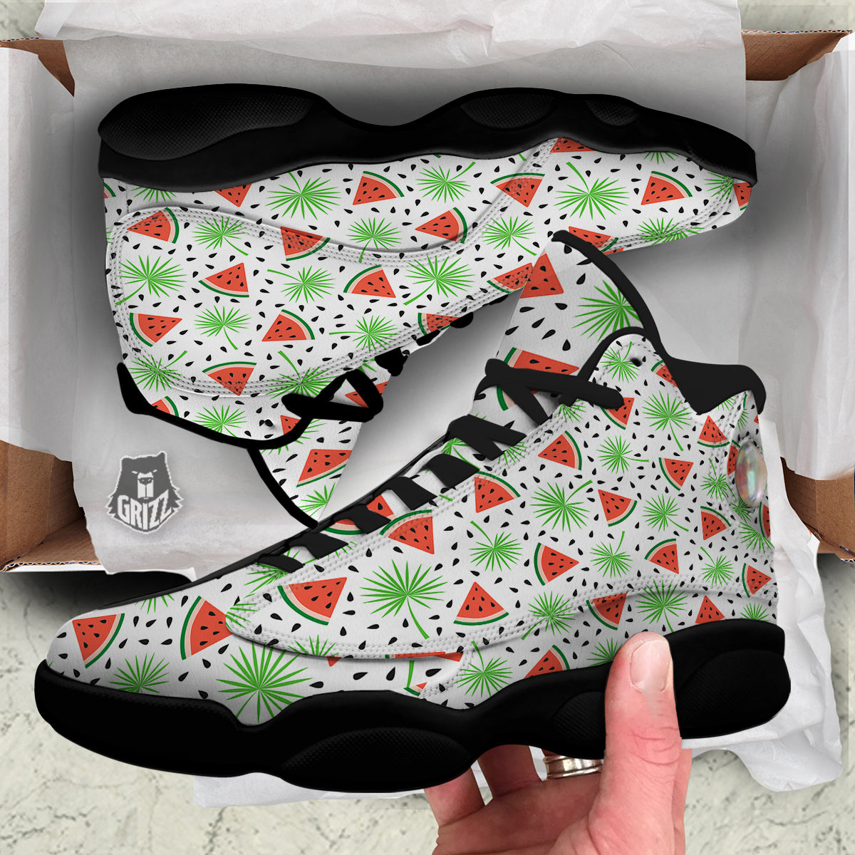 Palm Leaf Watermelon White Print Pattern Black Basketball Shoes-grizzshop