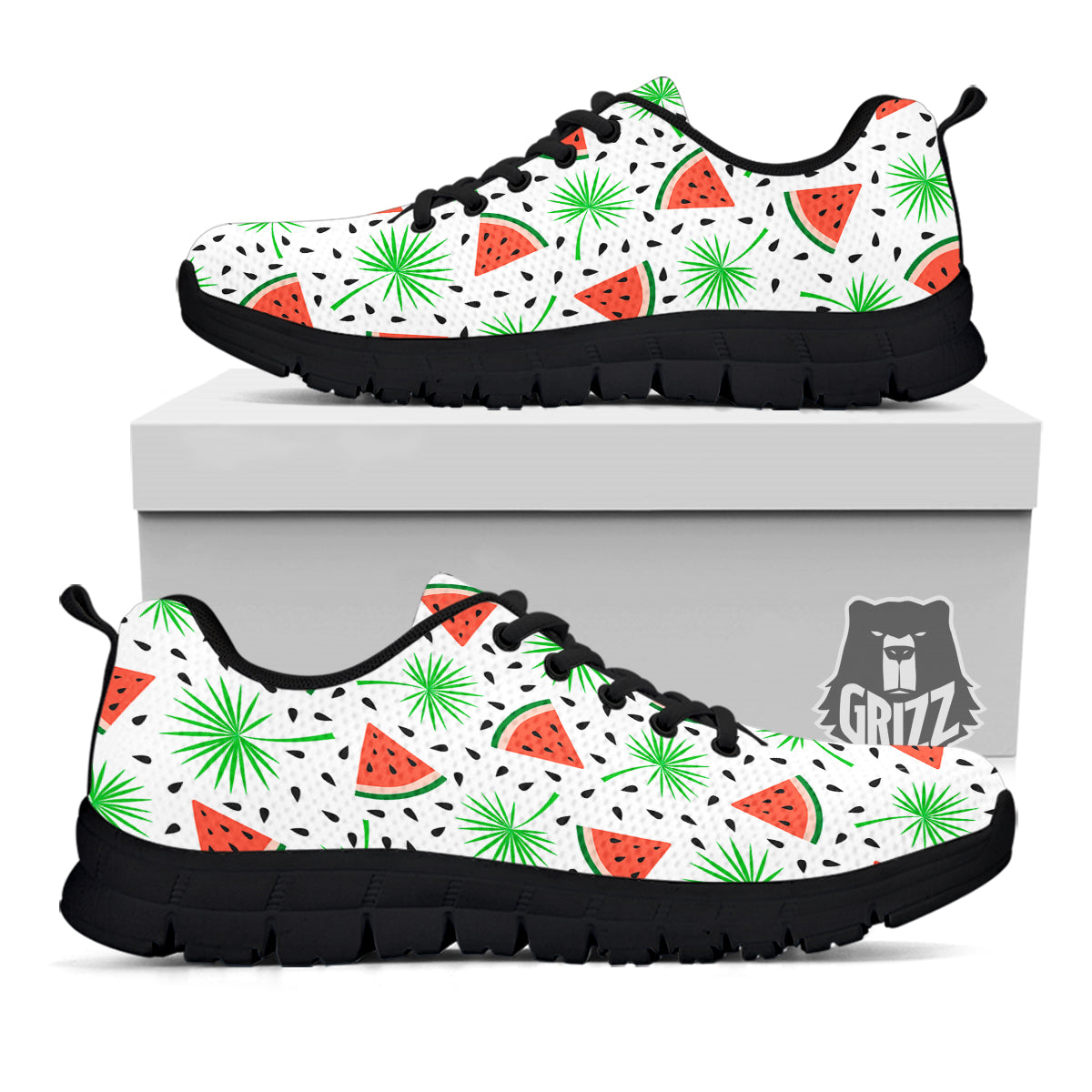 Palm Leaf Watermelon White Print Pattern Black Sneaker-grizzshop